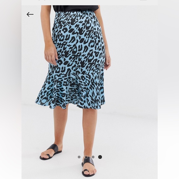 ASOS Dresses & Skirts - ASOS Blue & Black Satin Leopard Animal Patterned Midi Ruffle Modest Slip Skirt